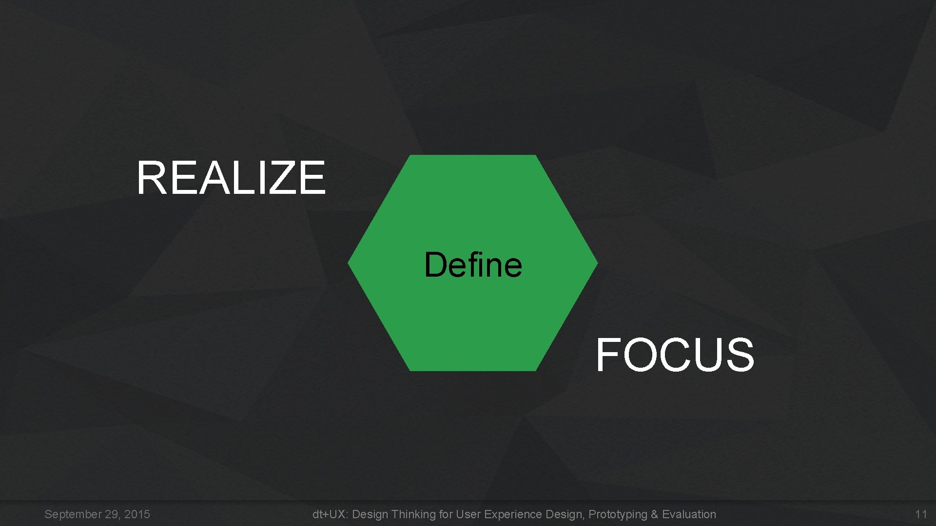 REALIZE Define FOCUS September 29, 2015 dt+UX: Design Thinking for User Experience Design, Prototyping REALIZE Define FOCUS September 29, 2015 dt+UX: Design Thinking for User Experience Design, Prototyping
