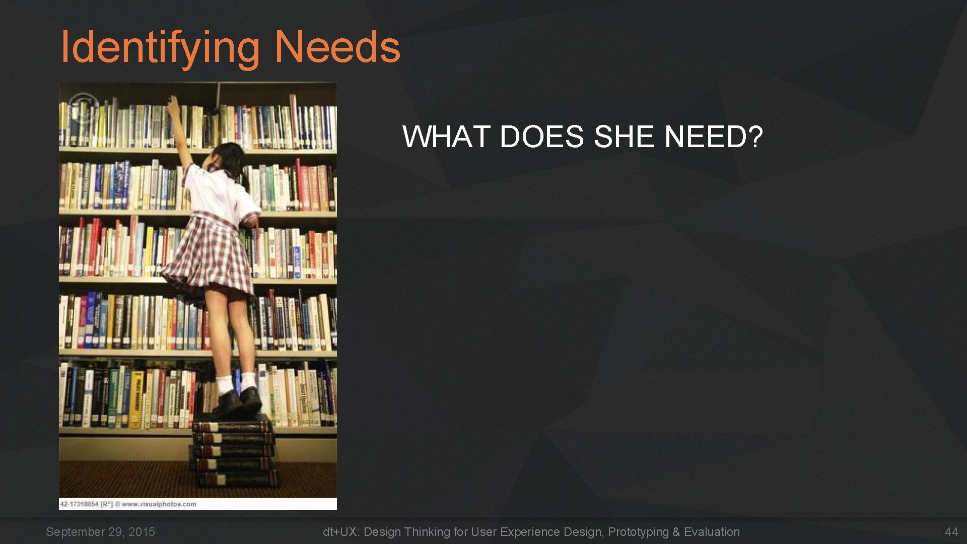 Identifying Needs WHAT DOES SHE NEED? September 29, 2015 dt+UX: Design Thinking for User Identifying Needs WHAT DOES SHE NEED? September 29, 2015 dt+UX: Design Thinking for User