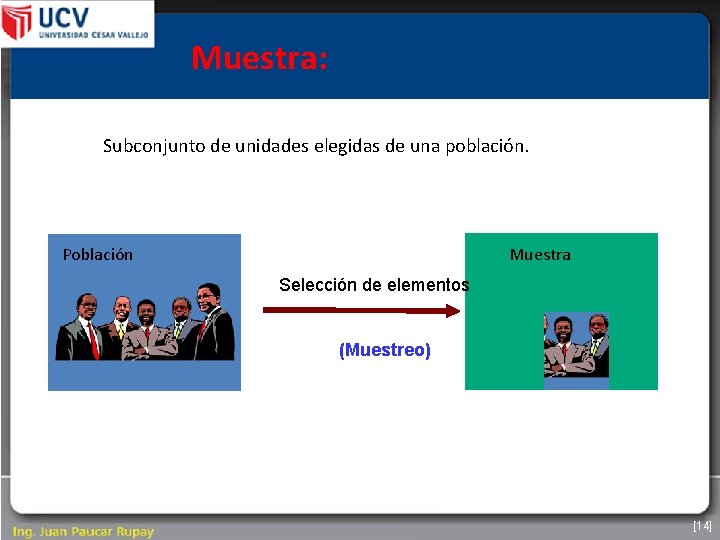 Muestra: Subconjunto de unidades elegidas de una población. Muestra Población Selección de elementos (Muestreo)