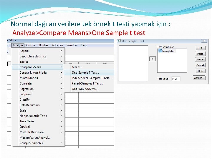 Normal dağılan verilere tek örnek t testi yapmak için : Analyze>Compare Means>One Sample t