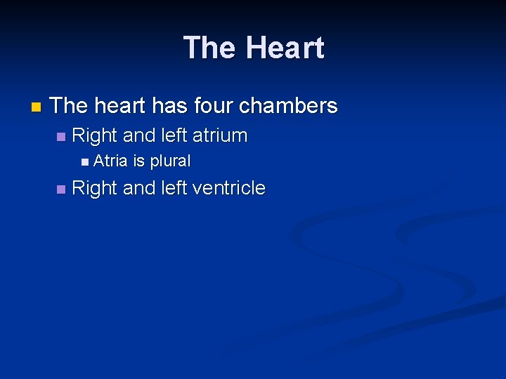 The Heart n The heart has four chambers n Right and left atrium n