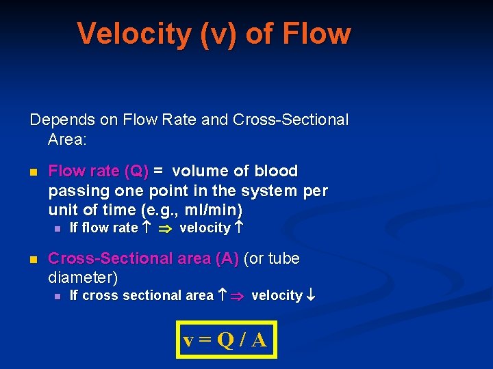 Velocity (v) of Flow Depends on Flow Rate and Cross-Sectional Area: n Flow rate Velocity (v) of Flow Depends on Flow Rate and Cross-Sectional Area: n Flow rate