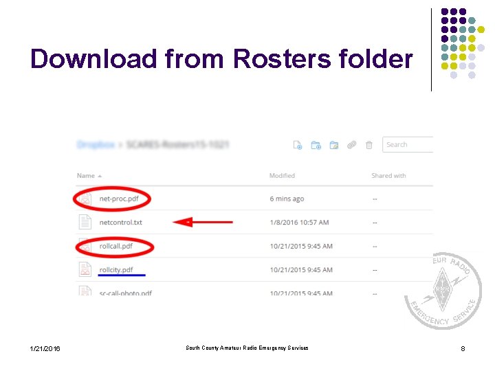 Download from Rosters folder 1/21/2016 South County Amateur Radio Emergency Services 8 