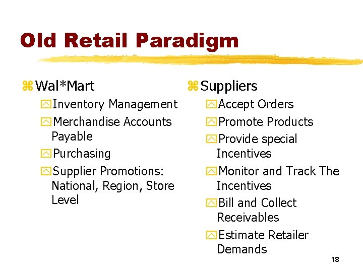 Old Retail Paradigm z Wal*Mart y. Inventory Management y. Merchandise Accounts Payable y. Purchasing