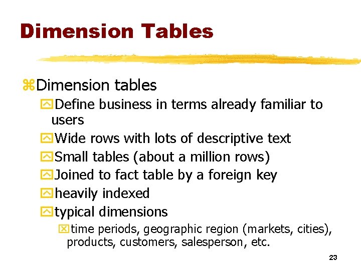 Dimension Tables z. Dimension tables y. Define business in terms already familiar to users