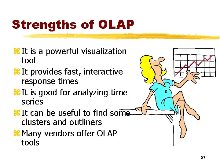 Strengths of OLAP z It is a powerful visualization tool z It provides fast,