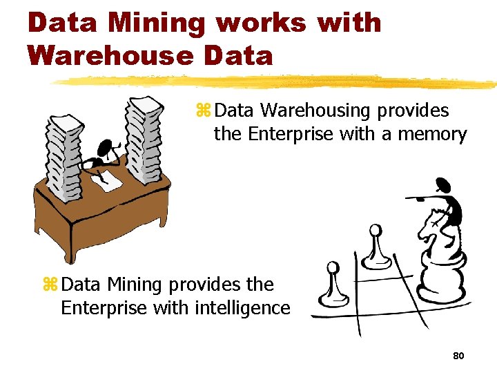 Data Mining works with Warehouse Data z Data Warehousing provides the Enterprise with a