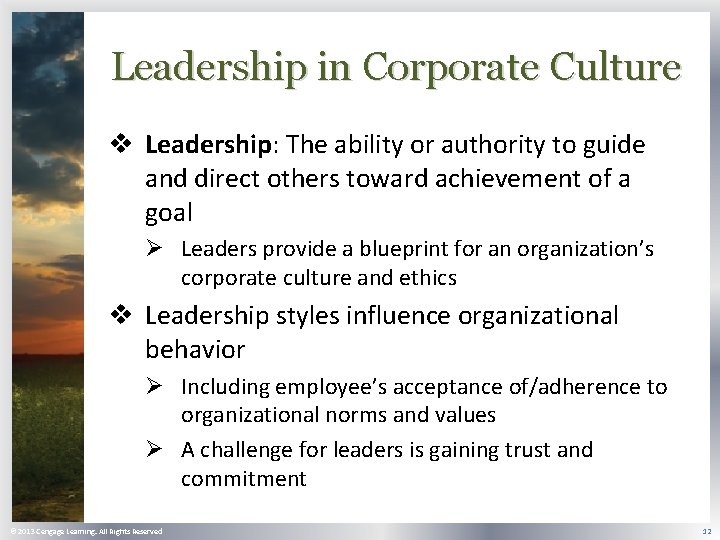 Leadership in Corporate Culture v Leadership: The ability or authority to guide and direct