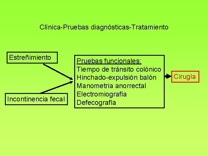 Clínica-Pruebas diagnósticas-Tratamiento Estreñimiento Incontinencia fecal Pruebas funcionales: Tiempo de tránsito colónico Hinchado-expulsión balón Manometria