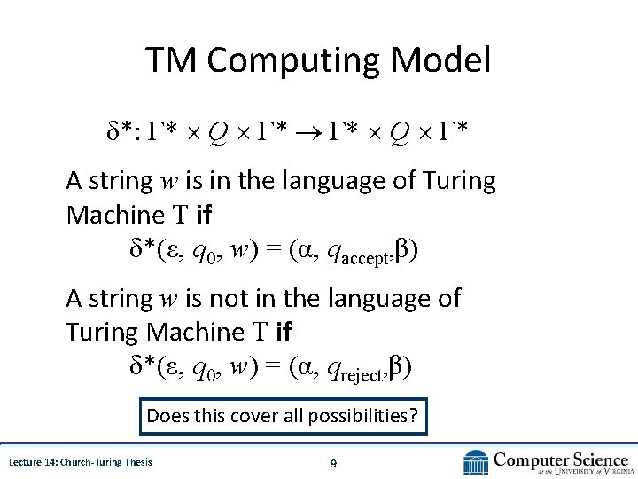 TM Computing Model δ*: Γ* Q Γ* A string w is in the language