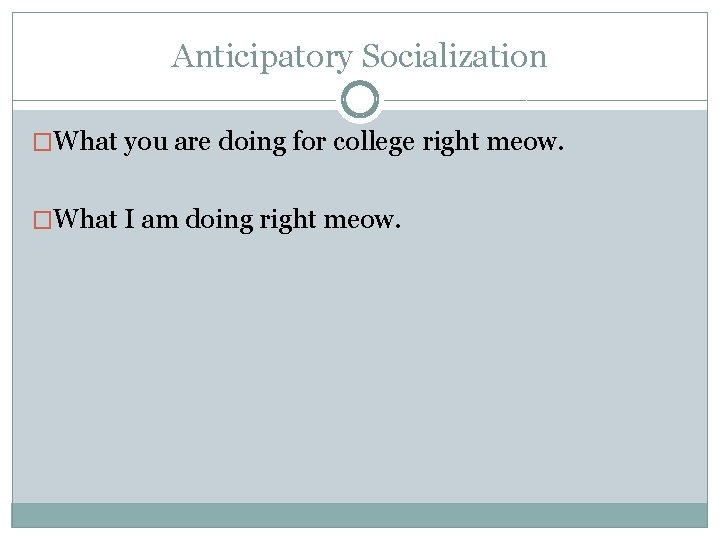 Anticipatory Socialization �What you are doing for college right meow. �What I am doing