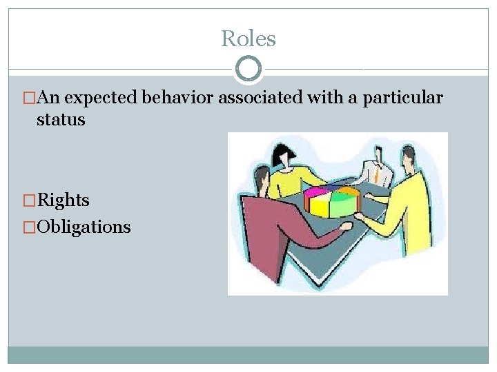 Roles �An expected behavior associated with a particular status �Rights �Obligations 