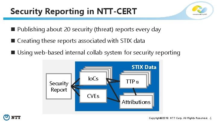 Security Reporting in NTT-CERT n Publishing about 20 security (threat) reports every day n