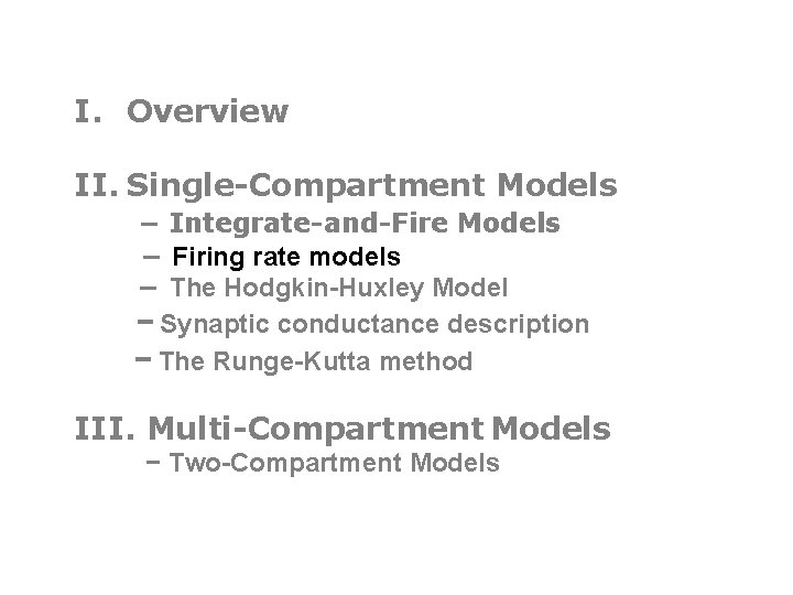 I. Overview II. Single-Compartment Models − Integrate-and-Fire Models − Firing rate models − The