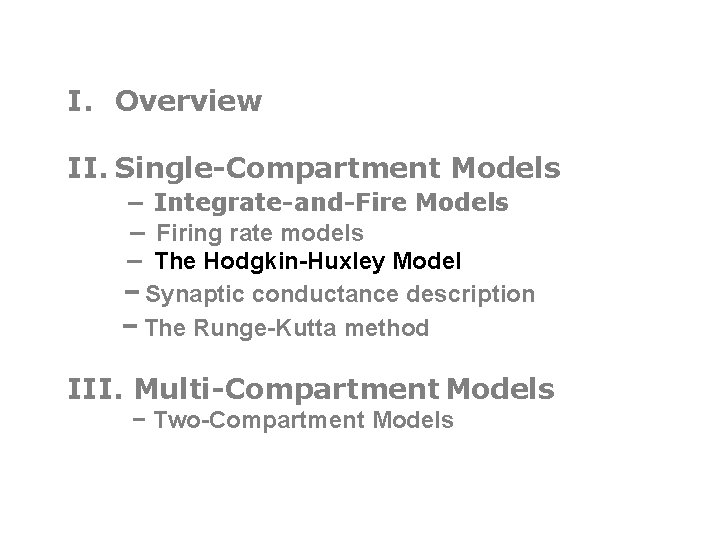 I. Overview II. Single-Compartment Models − Integrate-and-Fire Models − Firing rate models − The