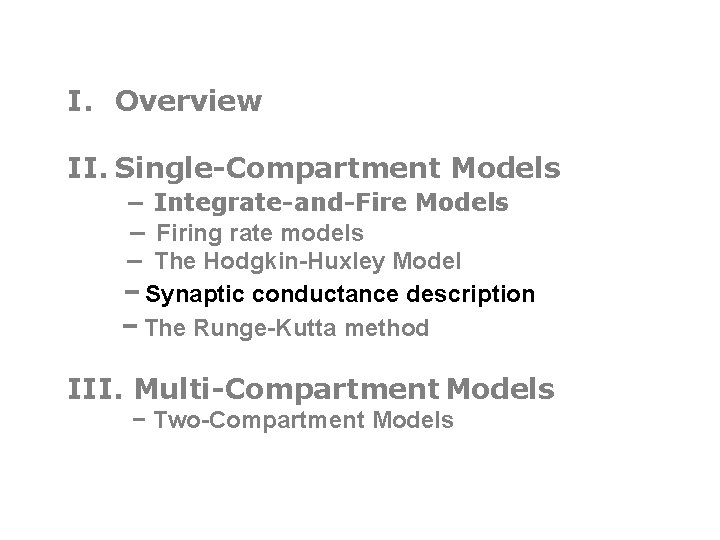 I. Overview II. Single-Compartment Models − Integrate-and-Fire Models − Firing rate models − The