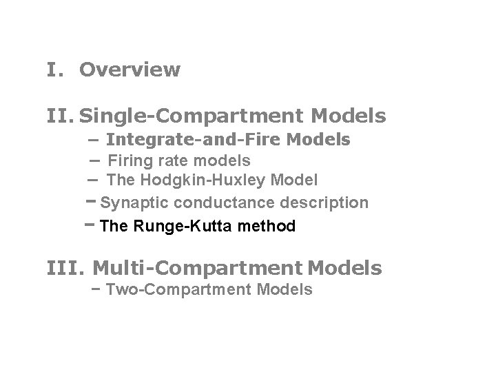 I. Overview II. Single-Compartment Models − Integrate-and-Fire Models − Firing rate models − The