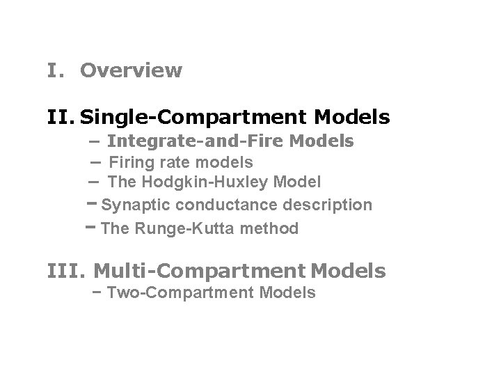 I. Overview II. Single-Compartment Models − Integrate-and-Fire Models − Firing rate models − The
