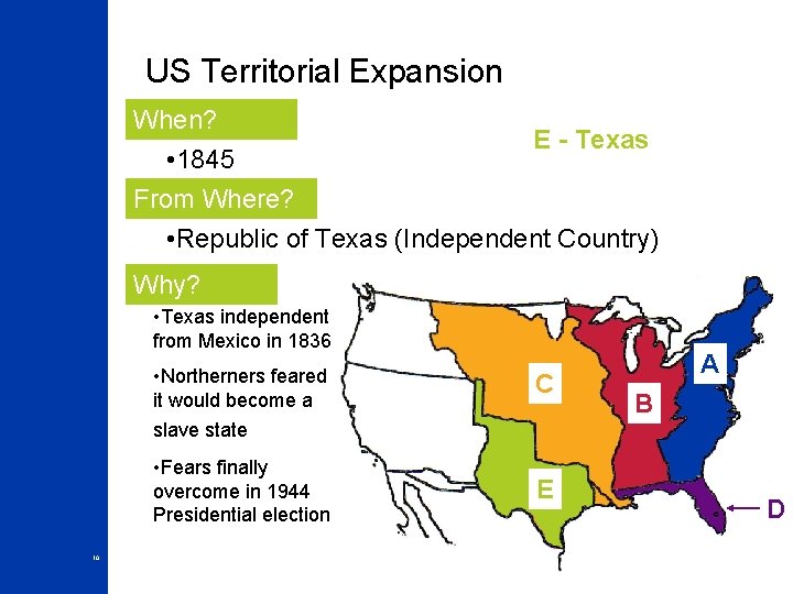 US Territorial Expansion When? E - Texas • 1845 From Where? • Republic of