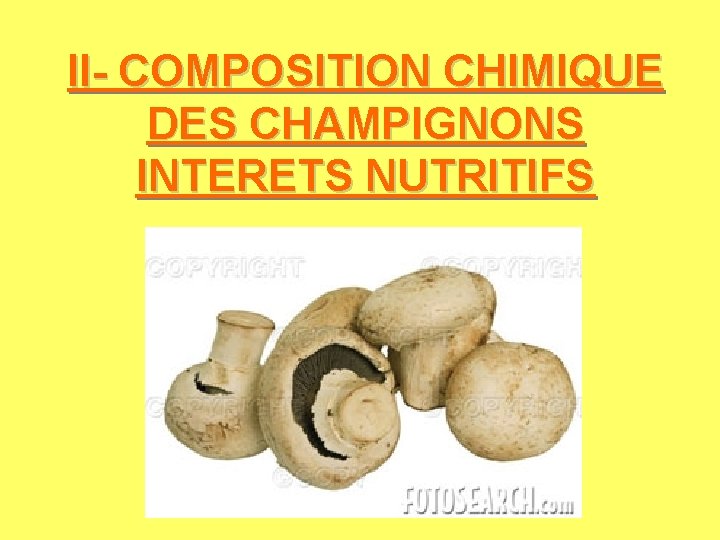 II- COMPOSITION CHIMIQUE DES CHAMPIGNONS INTERETS NUTRITIFS 