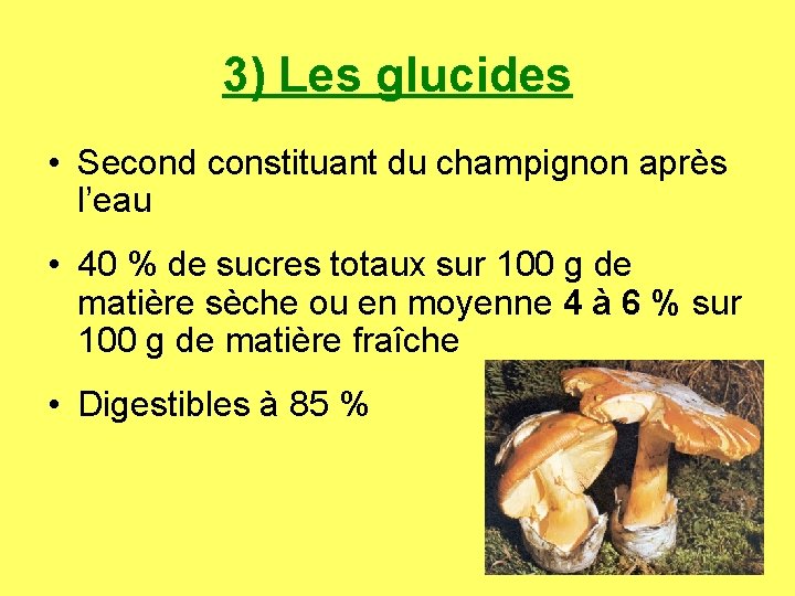 3) Les glucides • Second constituant du champignon après l’eau • 40 % de