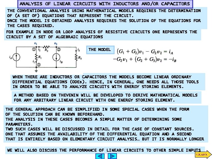 ANALYSIS OF LINEAR CIRCUITS WITH INDUCTORS AND/OR CAPACITORS THE CONVENTIONAL ANALYSIS USING MATHEMATICAL MODELS