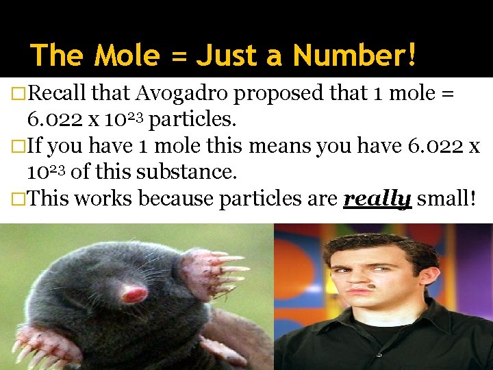 The Mole = Just a Number! �Recall that Avogadro proposed that 1 mole =