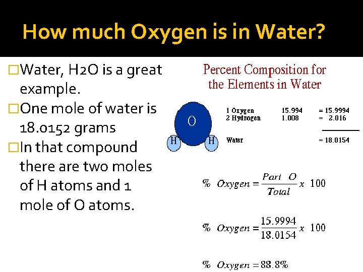 How much Oxygen is in Water? �Water, H 2 O is a great example.