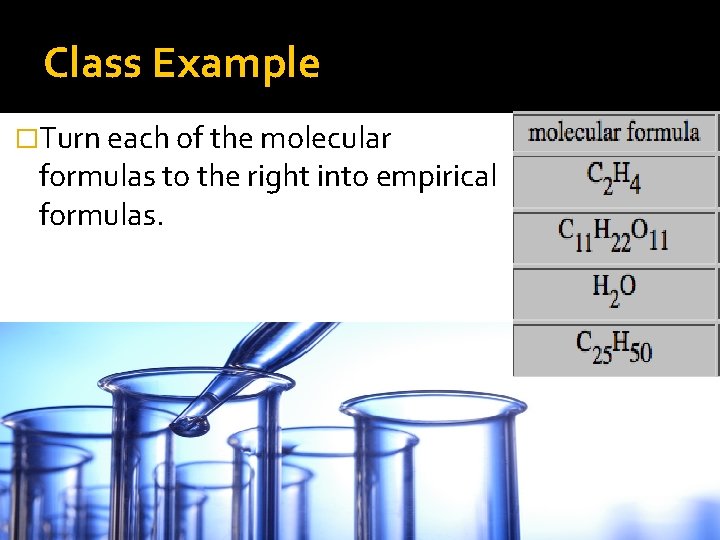 Class Example �Turn each of the molecular formulas to the right into empirical formulas.