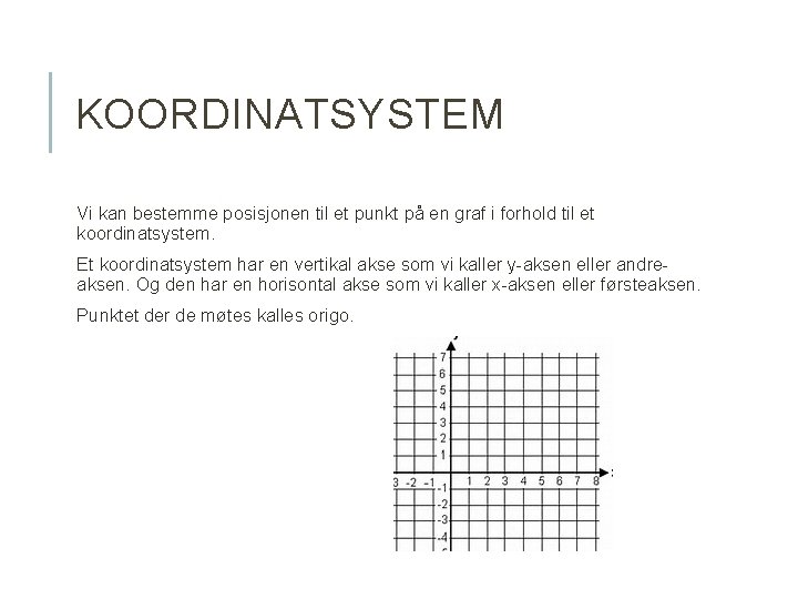 KOORDINATSYSTEM Vi kan bestemme posisjonen til et punkt på en graf i forhold til