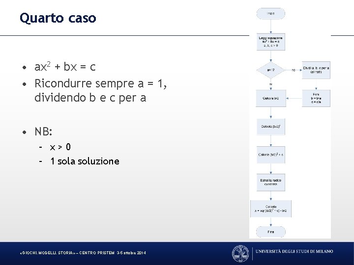 Quarto caso • ax 2 + bx = c • Ricondurre sempre a =