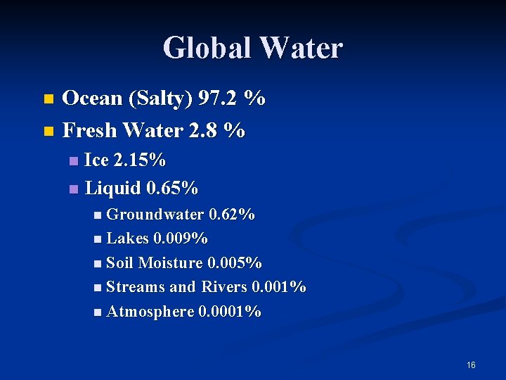 Global Water Ocean (Salty) 97. 2 % n Fresh Water 2. 8 % n