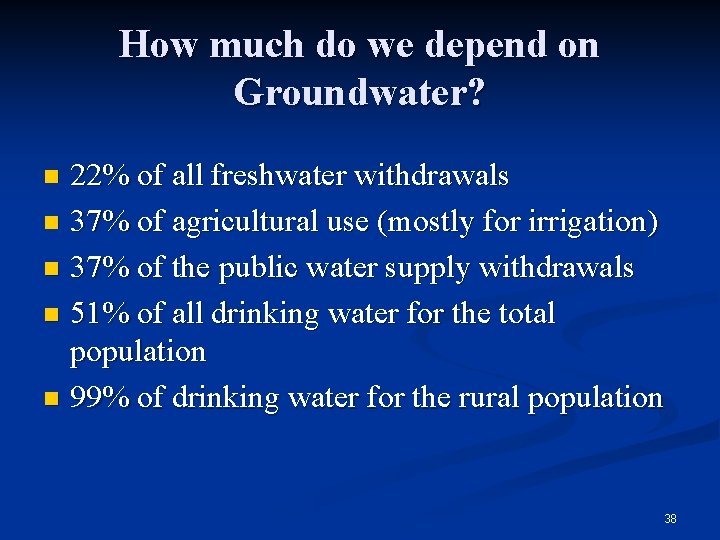 How much do we depend on Groundwater? 22% of all freshwater withdrawals n 37%