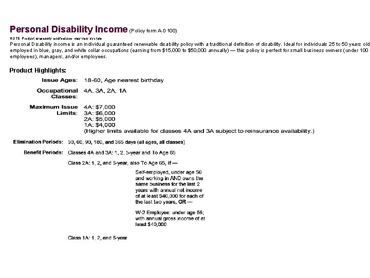 Personal Disability Income (Policy form A-D 100) NOTE: Product availability and features may vary