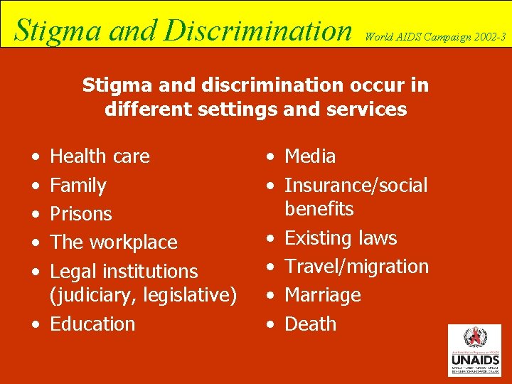 Stigma and Discrimination World AIDS Campaign 2002 -3 Stigma and discrimination occur in different