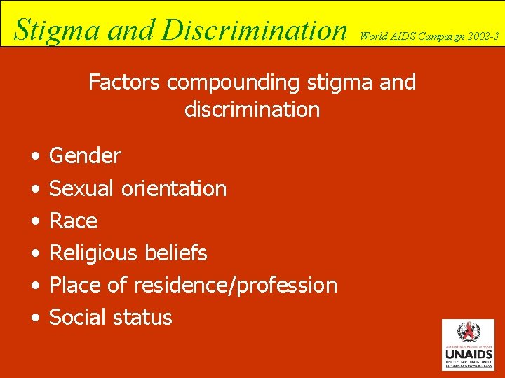 Stigma and Discrimination World AIDS Campaign 2002 -3 Factors compounding stigma and discrimination •