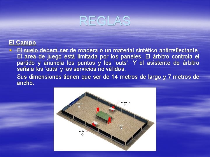 REGLAS El Campo § El suelo deberá ser de madera o un material sintético REGLAS El Campo § El suelo deberá ser de madera o un material sintético