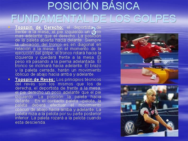 POSICIÓN BÁSICA FUNDAMENTAL DE LOS GOLPES § Topspin de Derecho: el deportista de frente POSICIÓN BÁSICA FUNDAMENTAL DE LOS GOLPES § Topspin de Derecho: el deportista de frente