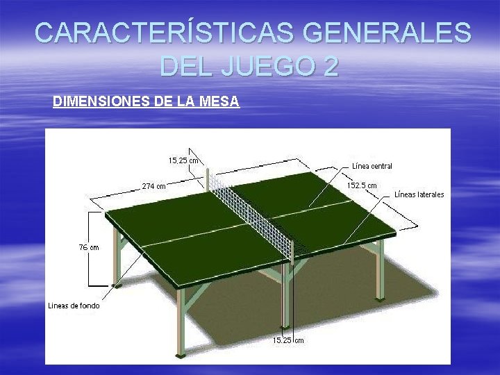 CARACTERÍSTICAS GENERALES DEL JUEGO 2 DIMENSIONES DE LA MESA CARACTERÍSTICAS GENERALES DEL JUEGO 2 DIMENSIONES DE LA MESA
