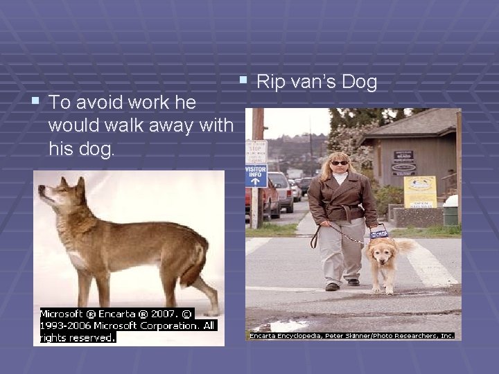 § To avoid work he would walk away with his dog. § Rip van’s