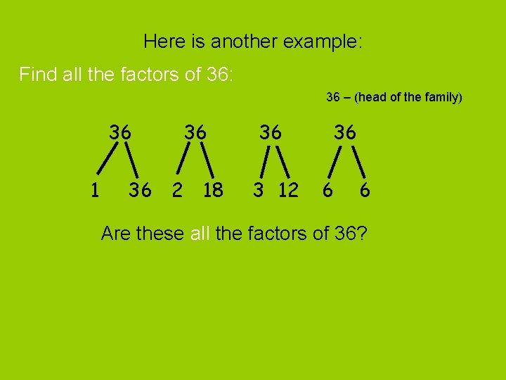 Here is another example: Find all the factors of 36: 36 – (head of Here is another example: Find all the factors of 36: 36 – (head of