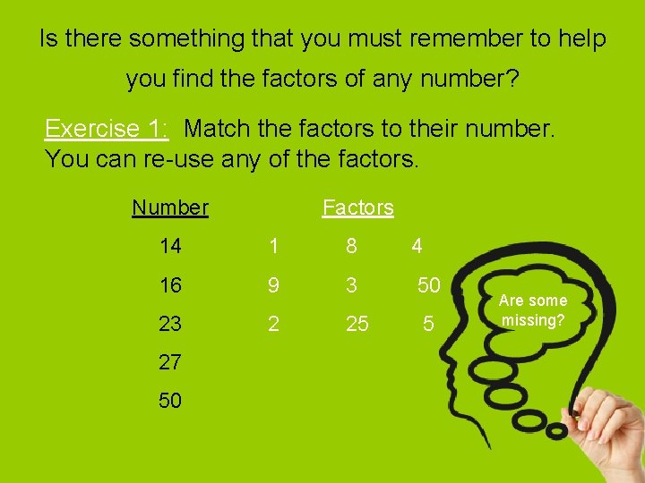 Is there something that you must remember to help you find the factors of Is there something that you must remember to help you find the factors of