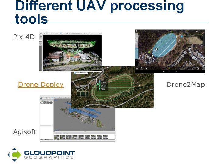 Different UAV processing tools Pix 4 D Drone Deploy Agisoft Drone 2 Map 