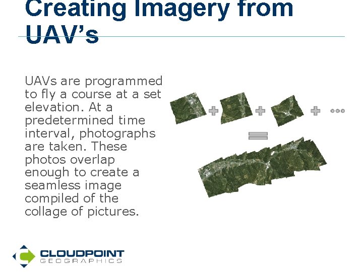 Creating Imagery from UAV’s UAVs are programmed to fly a course at a set