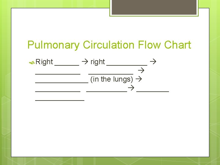 Pulmonary Circulation Flow Chart Right ______ right ___________ _______ (in the lungs) ______ ____________