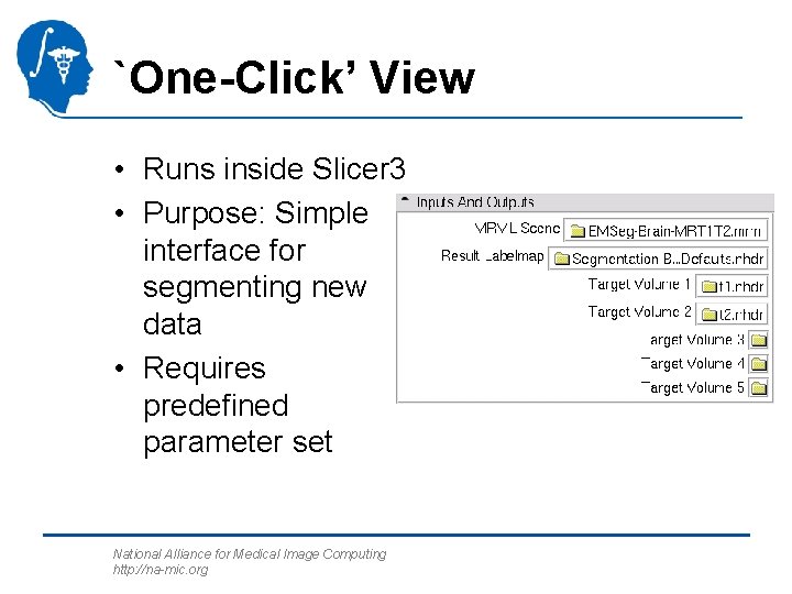 `One-Click’ View • Runs inside Slicer 3 • Purpose: Simple interface for segmenting new