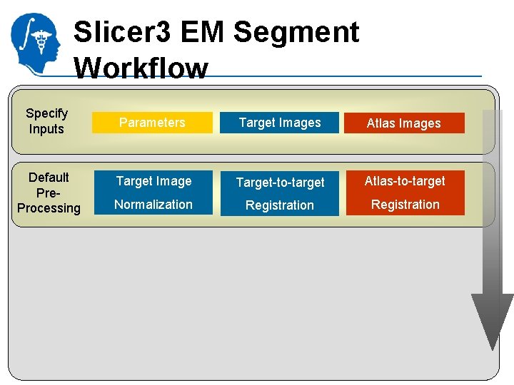 Slicer 3 EM Segment Workflow Specify Inputs Default Pre. Processing Parameters Target Images Atlas