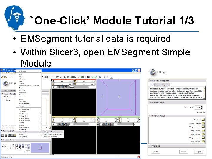 `One-Click’ Module Tutorial 1/3 • EMSegment tutorial data is required • Within Slicer 3,