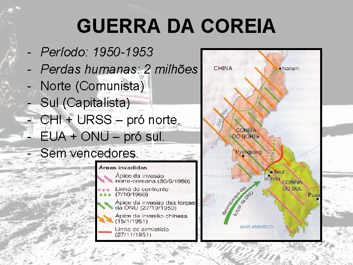 GUERRA DA COREIA - Período: 1950 -1953 Perdas humanas: 2 milhões Norte (Comunista) Sul