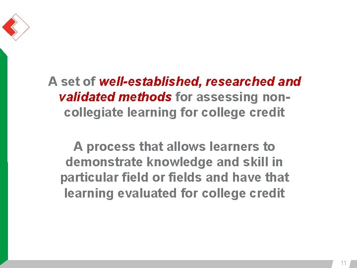 A set of well-established, researched and validated methods for assessing noncollegiate learning for college A set of well-established, researched and validated methods for assessing noncollegiate learning for college